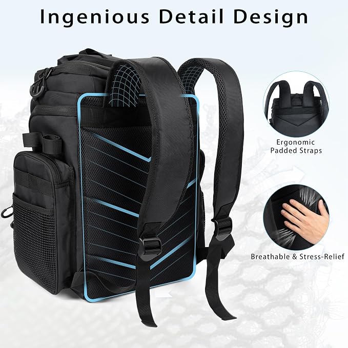Fishing Backpack with 4 Tackle Boxes, 55L Large Tackle Box Backpack with 4 Rod Holders, Waterproof 900D Tackle Backpacks with Cooler & Clear Gear Windows, Fishing Gifts for Men Women, Black
