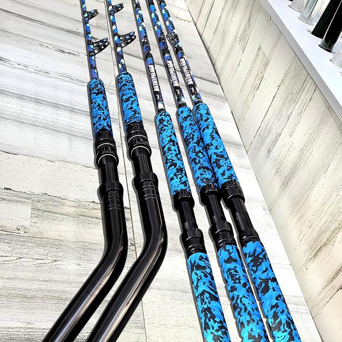 Fiblink Saltwater Fishing Rod 1Piece/2Piece Offshore Trolling Rod Big Game Deep Sea Rod Conventional Boat Blue Camouflage Fishing Pole(5'6"/6'/7')