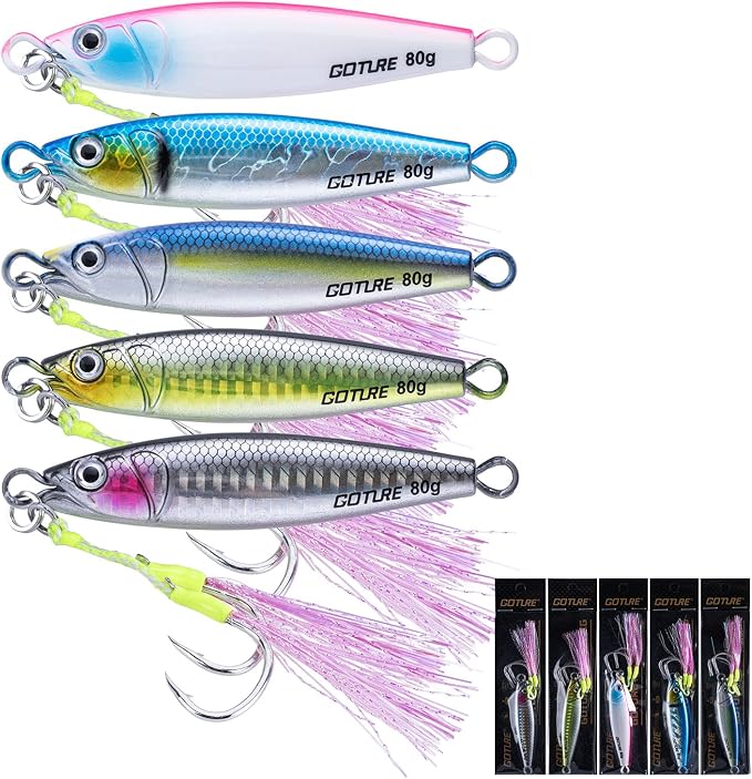 Goture Fishing Jigs Saltwater, 60g/80g/100g/150g Vertical Jigging Lures with Double Assist Hooks, Speed Fast Fall Jig Deep Sea Fishing Jigging Spoon Lures for Tuna,Salmon,Grouper Snapper, Kingfish