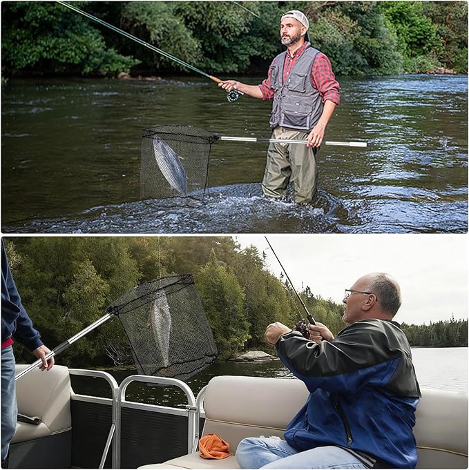Fishing Net with Handle - 85-Inch Adjustable Extension Pole Fishing Net, Foldable Landing Net for Steelhead, Salmon, Fly, Kayak, Catfish, Bass, Trout Fishing, Essential Fishing Gear & Gifts for Men