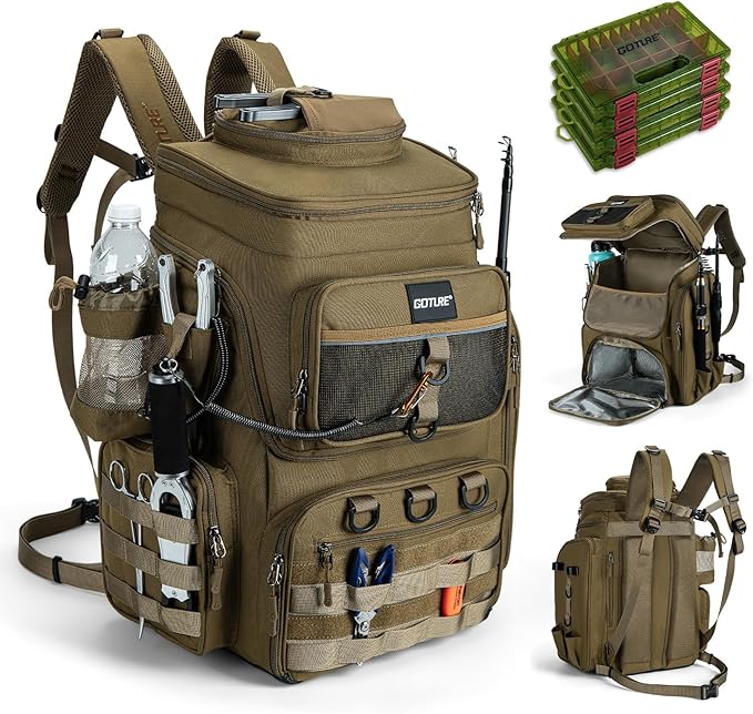 Goture Fishing Backpack with 4 Tackle Boxes, 900D Water-Resistant Tackle Backpack with Rod Holders,Insulated Cooler Compartment, 55L Large Capacity Fishing Gear Storage Bag for Saltwater & Freshwater