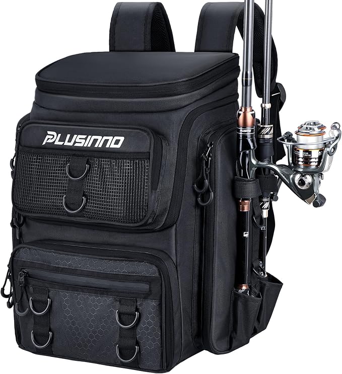 PLUSINNO Fishing Tackle Backpack with Rod Holders，42L Water-resistant Fishing Bag Store Fishing Gear,Fishing Gifts For Men.
