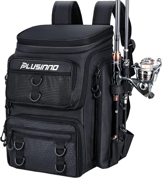 PLUSINNO Fishing Tackle Backpack with Rod Holders，42L Water-resistant Fishing Bag Store Fishing Gear,Fishing Gifts For Men.