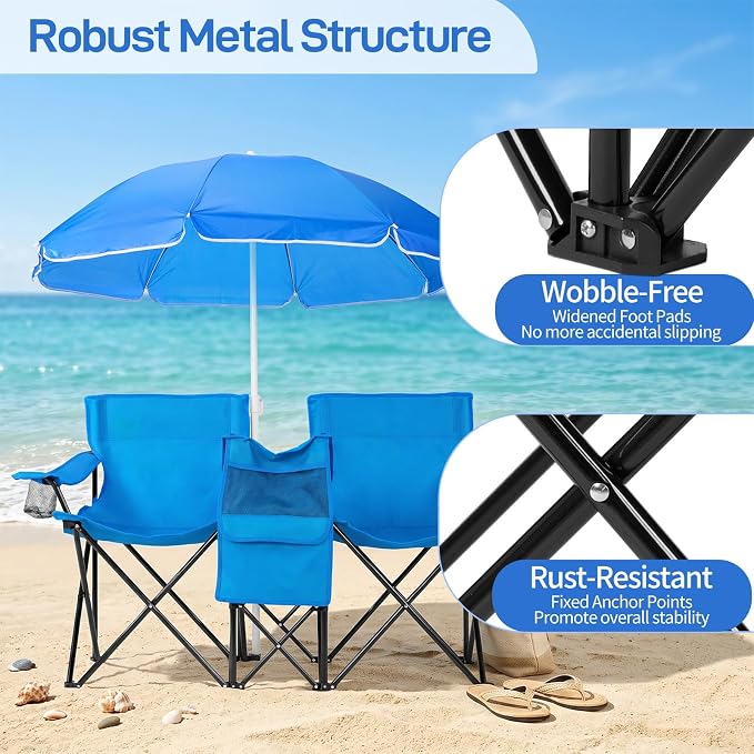 Heavy Duty Double Folding Camping Chair with Removable Adjustable Umbrella, 2 Person XL Beach Chair with Built-in Cooler Bag, Cup Holders & Side Pocket, Portable 529lbs Capacity, Blue