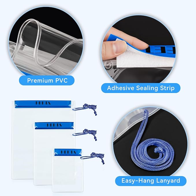 HEETA 5-Pack Clear Waterproof Dry Bag Pouch, Water Tight Cases Dry Bags Document Holder for Camera Mobile Phone Maps, Kayaking Boating