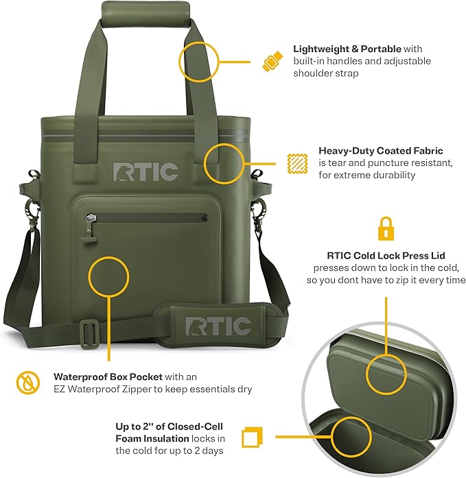 RTIC Ultra-Tough Soft Cooler Pro, Insulated, Waterproof, Leak Proof, Portable Floating Bag for Beverage, Drink, Lunch, Outdoor, Beach, Car, Camping, Picnic, Fishing, Boat