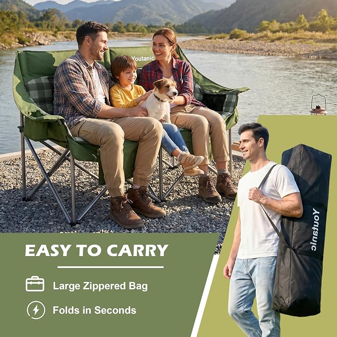 Youtanic 60" Extra Double Camping Chair, 700lbs Heavy Duty Padded Loveseat for Adults, Oversized 2 Person Folding Camp Couch with Dual Cup Holders, Portable Plaid Lawn Chair for Outside, Sports, Green