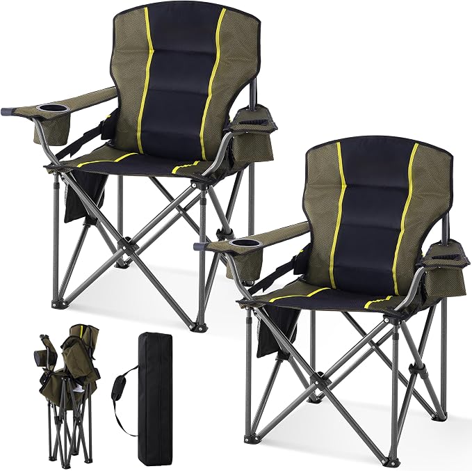 Oversized Camping Chairs for Adults 2 Pack Heavy Duty 450LBS Thick 600D Oxford Fabric Outdoor Waist Support Folding Camping Chairs with Cup Holder and Ice Bag for Sports, Fishing, Lawn (Black & Green)