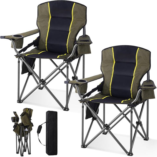 Oversized Camping Chairs for Adults 2 Pack Heavy Duty 450LBS Thick 600D Oxford Fabric Outdoor Waist Support Folding Camping Chairs with Cup Holder and Ice Bag for Sports, Fishing, Lawn (Black & Green)
