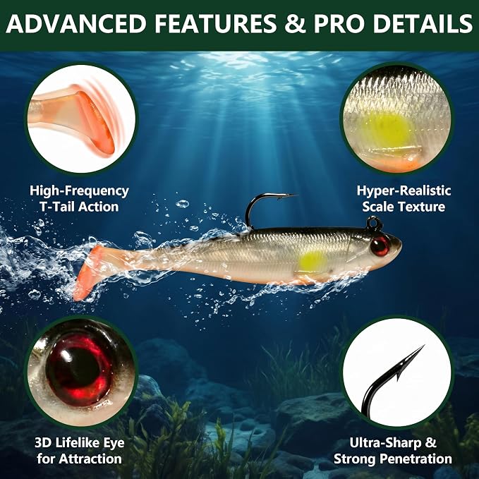 Soft Fishing Lures for Bass Fishing:Pre-Gigged Swim Baits for Saltwater or Freshwater.Soft Plastic Fishing Accessories.