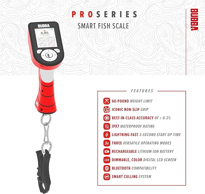 BUBBA Pro Series Smart Fish Scale - Tournament Fishing Tool with Bluetooth & Rechargeable Battery - 3 Modes, Digital Color Screen, 60lb Limit