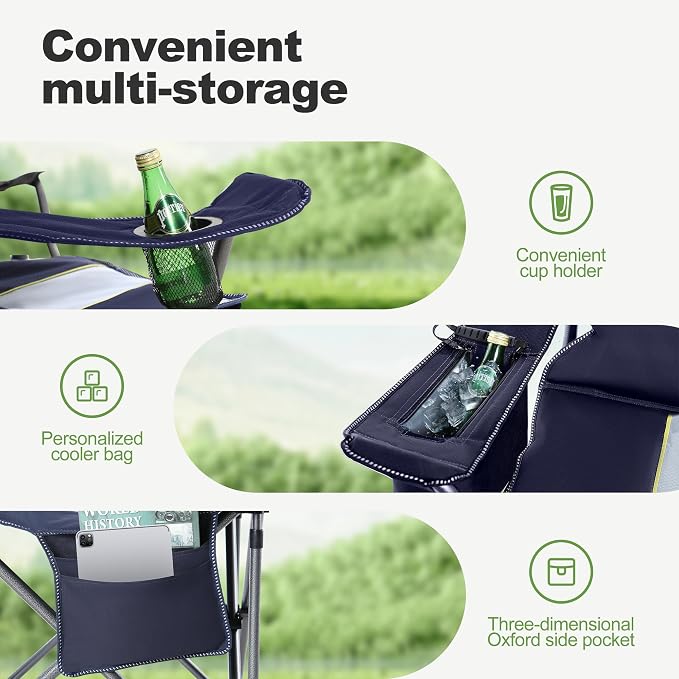 LET'S CAMP Oversized Folding Camping Chair Portable Outdoor Heavy Duty Padded Chairs Lawn Chair with Cup Holder, Storage Pocket and Cooler Bag, Supports 450LBS, for Camp, Travel, Picnic (Blue)