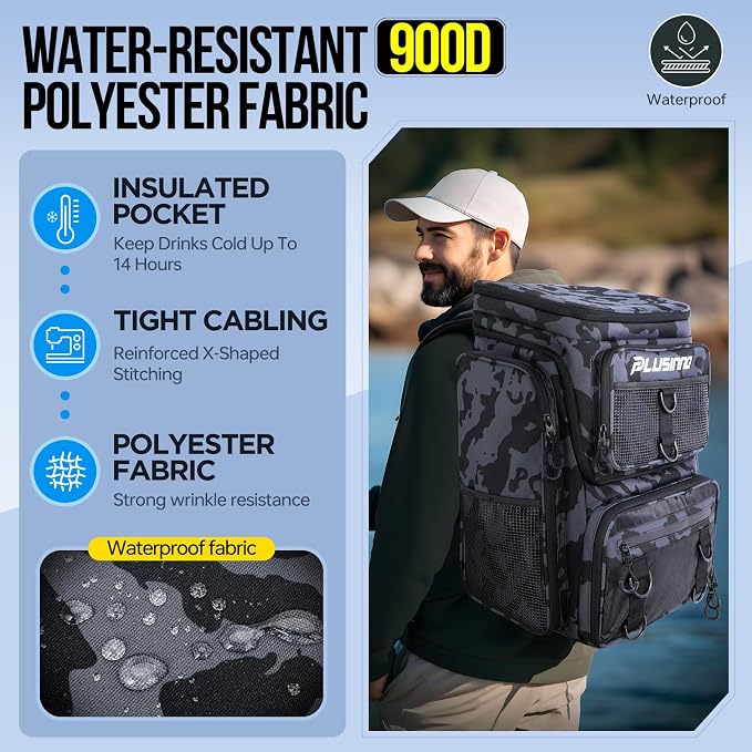 PLUSINNO Fishing Tackle Backpack with Rod Holders，42L Water-resistant Fishing Bag Store Fishing Gear,Fishing Gifts For Men.