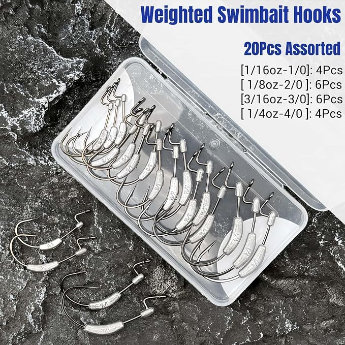 20Pcs Weighted Bass Fishing Hooks Set, Customized Swimbait Hooks Wide Gap Weedless Worm Fish Hook with Molded Bait Keeper 1/0 2/0 3/0 4/0