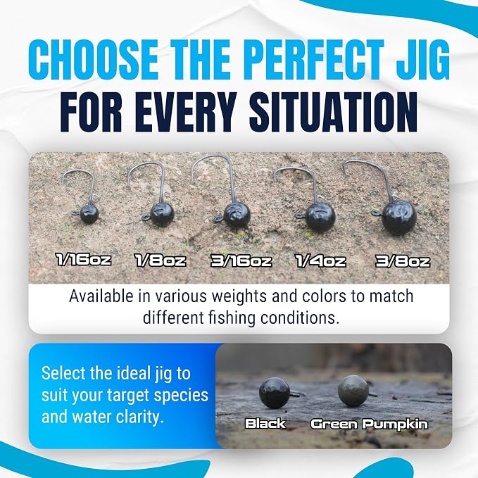 Reaction Tackle Lead Ball Jigs - Soft Plastic Jig Heads with Hook - Bass Walleye Crappie Panfish Redfish - Round Head Design - Freshwater Saltwater - 10-Pack
