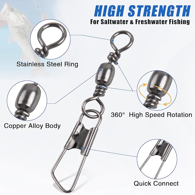 SILANON Fishing Barrel Swivel with Safety Snap,145/160pcs High Strength Fishing Snap Swivels Stainless Steel Line Connector Saltwater Fishing Tackle Accessories