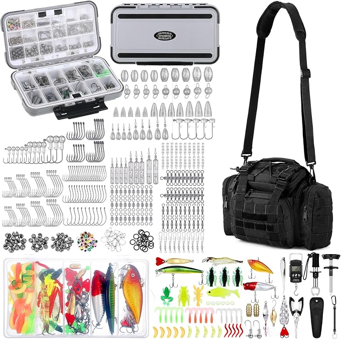 Sosation 482 Pcs Gifts for Men Fishing Gear Equipment Sling Tackle Bag for Father Day Lightweight Fishing Backpack Tackle Box Included Fish Hook Remover Tool Lures Lip Gripper(Black)