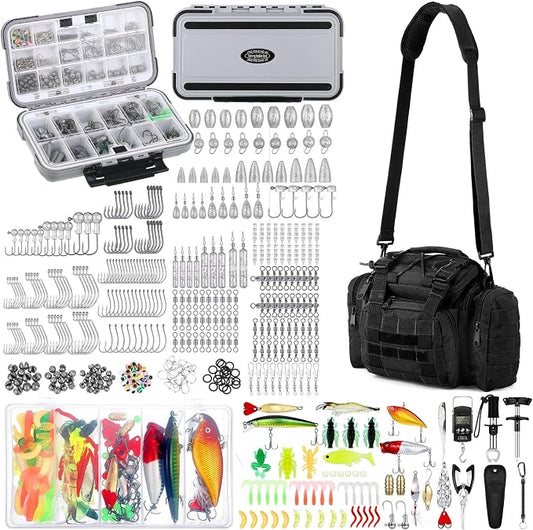 Sosation 482 Pcs Gifts for Men Fishing Gear Equipment Sling Tackle Bag for Father Day Lightweight Fishing Backpack Tackle Box Included Fish Hook Remover Tool Lures Lip Gripper(Black)