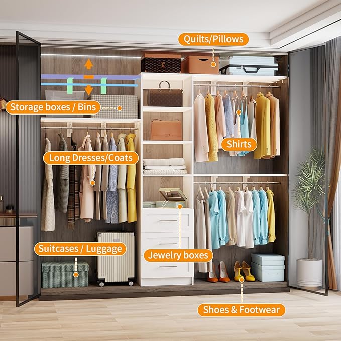 Closet System with Drawers, 5FT-8FT Closet Organizer System 96" Walk in Wood Closet Storage System with Shelves Hanging Rods Corner Wall Mount, White