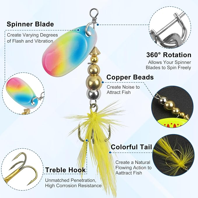 Fishing Lures Spinnerbait Kit Rooster Bait Tail Fishing Lures Inline Spinner Baits Bass Salmon Trout Spoon Hard Metal Spinnerbaits for Saltwater Freshwater