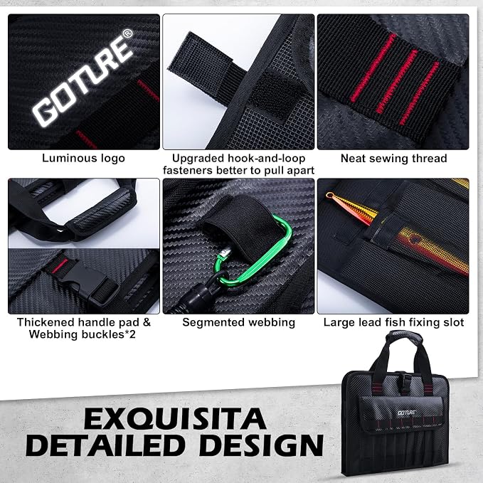 Goture Fishing Jig Bag,34 Mesh Pockets Portable Water-Resistant 600D PU Fishinig Lure Bag Saltwater Freshwater,Detachable Compartment, Suitable For Vertical Jig Slow Pitch Jigging Bait Tackle Storage