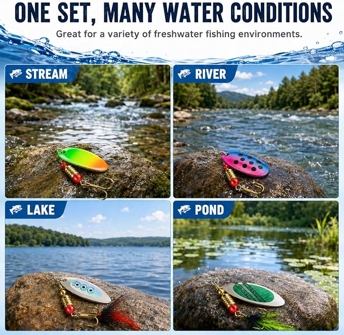 Fishing Spinner Lures Kit 10/15/16/20PCS, Inline Spinner Baits with Treble Hooks and Feather Tails, Metal Fishing Lures for Trout Bass Salmon Panfish, Multi-Color Freshwater Fishing Tackle Set