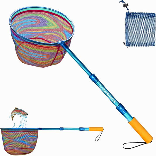 DaddyGoFish Kids Fishing Net - Extendable Telescopic Landing Net for Boy Girl Children Catching Small Fish Crab Shrimp Minnow Dragonfly Beach Pier Lake River Ocean