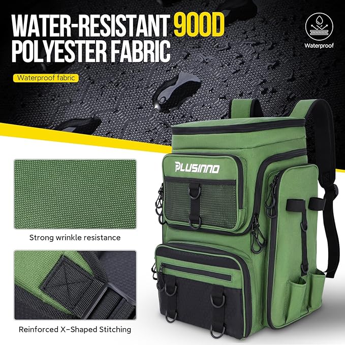 PLUSINNO Fishing Tackle Backpack with Rod Holders，42L Water-resistant Fishing Bag Store Fishing Gear,Fishing Gifts For Men.