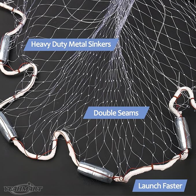 Yeahmart American Saltwater Fishing Cast Net for Bait Trap Fish 3ft/4ft/5ft/6ft/7ft/8ft/9ft/10ft Radius Casting Nets with Heavy Duty Real Zinc Sinker Weights, 3/8inch Mesh Size