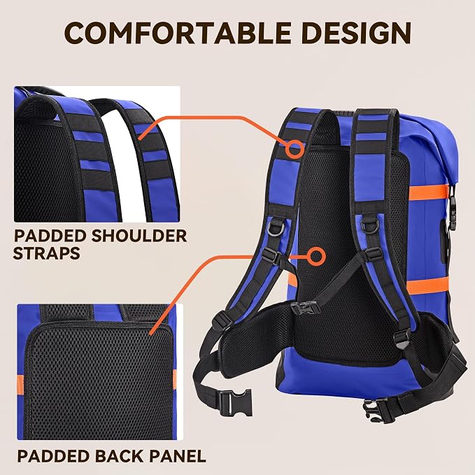 HEETA Dry Bags Waterproof Backpack 40L for Men & Women, Roll Top Heavy Duty Cushioned Hiking Backpack for Kayaking Boating Paddle Boarding Fishing Travel Camping Beach Vacation Cruise Ship Essentials