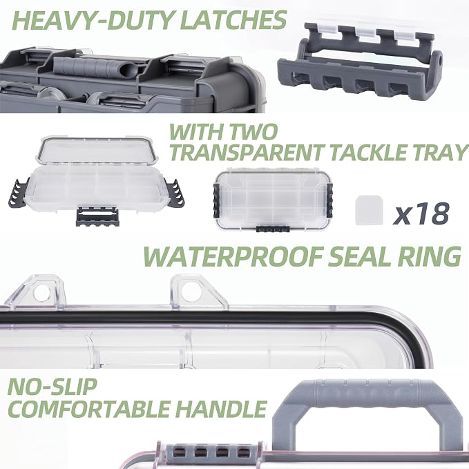 RUNCL Universal Fishing Tackle Box with Two Small Tackle Tray, Removal Inside Design Waterproof Trunk Storage Box, Thicker Floating Airtight Stowaway, Xmas Surprise Fishing Gifts for Men Women