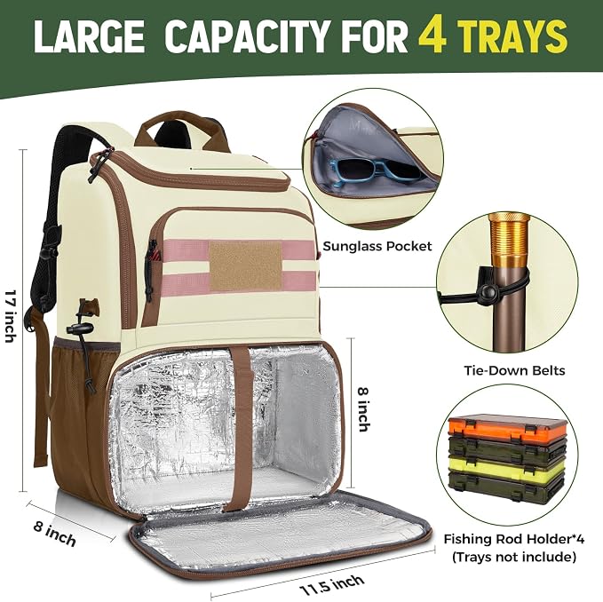 MATEIN Fishing Backpack Tackle Box, Water Resistant Tackle Backpack with Cooler & Rod Holders, Fishing Gifts for Men