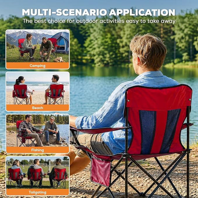 Romswi Portable Camping Chairs Support 400 LBS, Heavy Duty Folding Outdoor Chairs, Folding Chair with 4-Can Cooler Bag for Camping, Fishing, Garden, 2-Pack, Red
