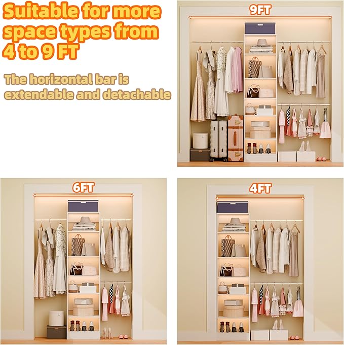 Closet System, Closet Organizer System With Adjustable Shelves, Walk-In Closet Storage System With 5 Hanging Rods, Adjustable Cloth Garment Rack, Fits Spaces 4 to 9FT, White