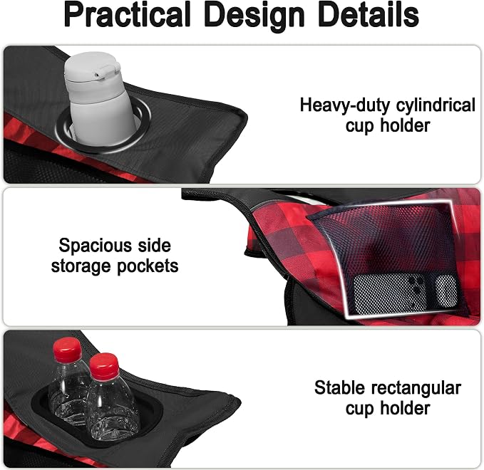 Youtanic Oversized Extra Large Padded Camping Chair, Heavy Duty 400 lbs Foldable Lawn Chair, Ergonomic Outdoor Seat with Plaid Design, Cup Holders & Storage Pockets for Fishing, Sports, Red-Black