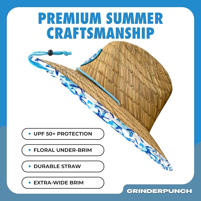 grinderPUNCH Lifeguard Hat Mens Straw Sun Hat for Outdoor American Flag USA Patriotic Straw Beach Fishing Straw Hat for Men