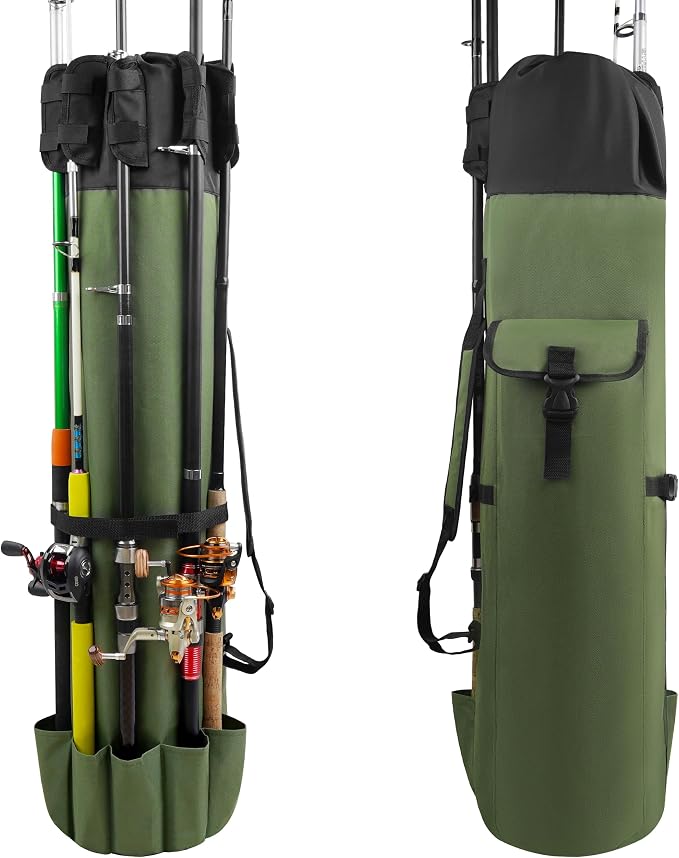 AGOOL Fishing Pole Bag with Rod Holder Fishing Rod Bag, 5 Rod & Reel Organizer Bag Waterproof Large Capacity Fishing Tackle Storage Bag Travel Carry Case Fishing Gifts for Men