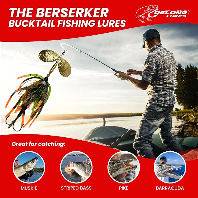 Delong Lures - The Berserker, Bucktail Fishing Lures - Bucktail Jig with Inline Spinner, Musky & Pike Baits Spinnerbaits, Tackle for Freshwater and Saltwater Fishing, Made in USA