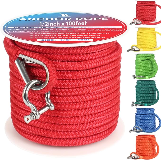 Boat Anchor Rope 100 ft x 1/2 inch Red, Double Braided Anchor Line with Stainless Steel Thimble & Shackle, Marine Rope Ideal for Towing,Mooring,Decks,Anchoring,for Boats Up to 35'
