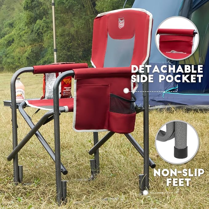 Timber Ridge Aluminum Oversized Camping Chair, Lightweight Portable Directors Chair with Side Table Detachable Side Pocket for Outdoor Camping, Lawn, Picnic, Support 400lbs Red