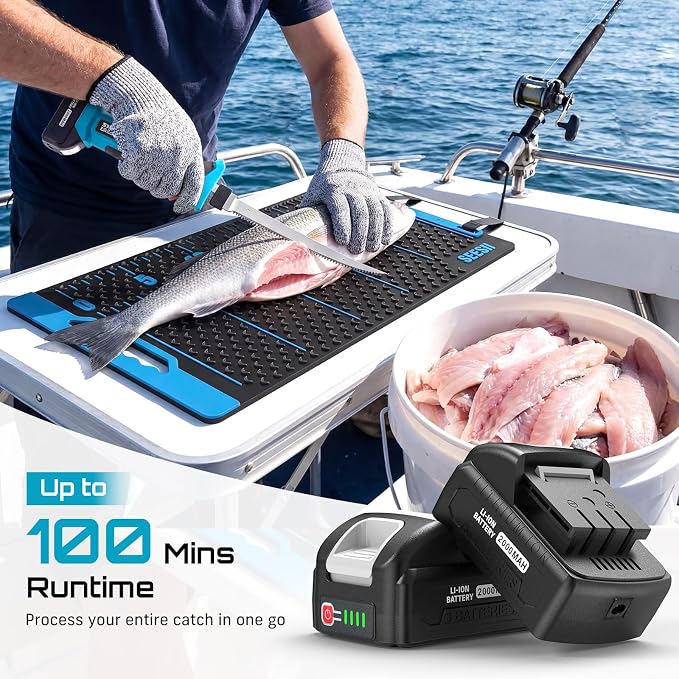 Seesii Cordless Electric Fillet Knife and Fish Fillet Mat Set, High Speed Rechargeble Filet Knife, Non-Slip Grip, Anti-slip Texture With 25" Integrated Ruler for Filleting and Meat Slicing