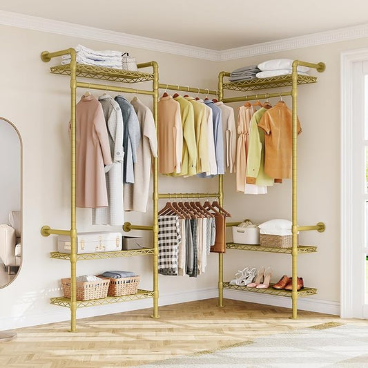 L3 Industrial Pipe Closet Organizer System, Wall Mounted Clothes Rack Clothing Racks with 4 Telescopic Rods & 6 Shelves , Heavy Duty Closet System in Wardrobe Closet (Gold)