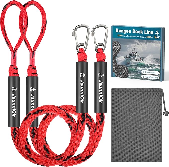 JaunniQir Bungee Dock Lines for Boats 4.3 Feet, 2 Pack Dock Lines with 316 Stainless Clips for PWC, Jet Ski, Kayak, Watercraft, Pontoon, Shock Absorbing Tie Off Downs Boat Mooring Ropes Accessories