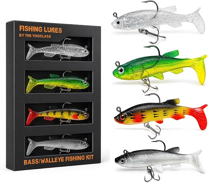 Soft Fishing Lure Kit for Bass/Trout/Pike/Salmon, 4Pcs Fishing Gear for Individually Packaged Baits with Gift Box