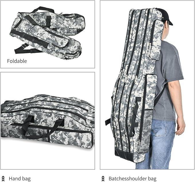 LEOFISHING Portable 3 Layers Fishing Pole Bag Durable Oxford Folding Fishing Rod Reel Carry Case Tackle Storage Bag Case Waterproof Camouflage Travel Fishing Carrier (Yellow Camouflage, 150cm/59in)