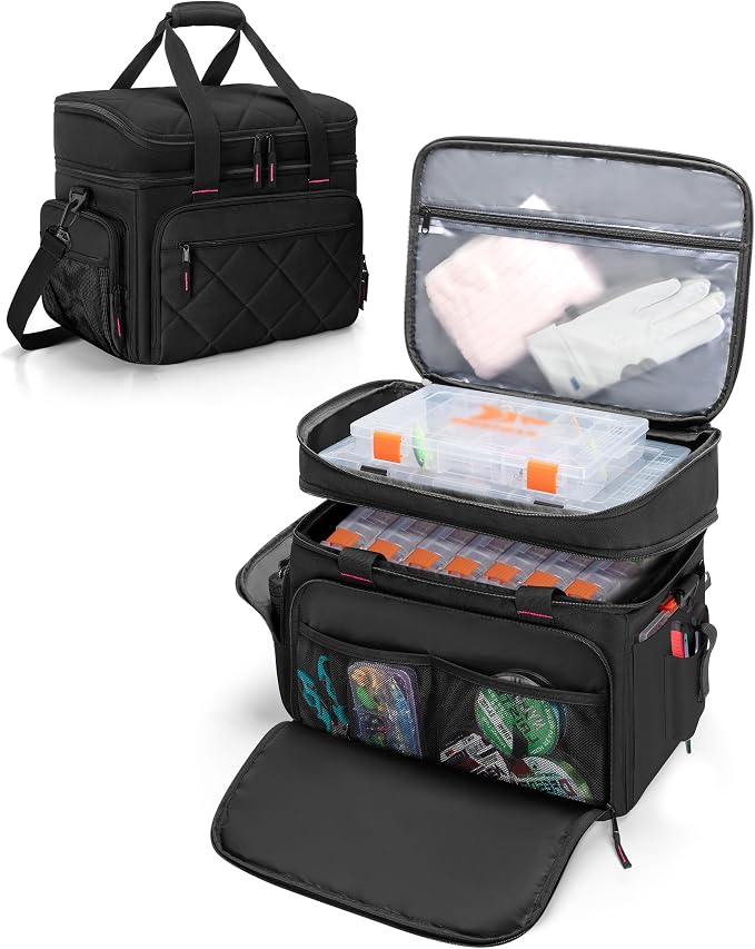 Smasrob Fishing Tackle Bag with Large Lure Boxes Pocket and Extra Top Tackle Trays Pocket, Fish Bag for Saltwater and Freshwater (Tackle Trays Not Included), Black