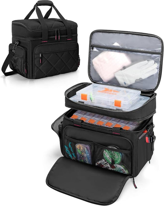 Smasrob Fishing Tackle Bag with Large Lure Boxes Pocket and Extra Top Tackle Trays Pocket, Fish Bag for Saltwater and Freshwater (Tackle Trays Not Included), Black