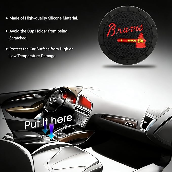 2 Pack Braves Car Cup Holder, Non-Slip Cup Coasters for Atlanta Braves Baseball Fans Fashion car Interior Accessories,Decorative Car Cup Mat, Diameter 2.75 Inch