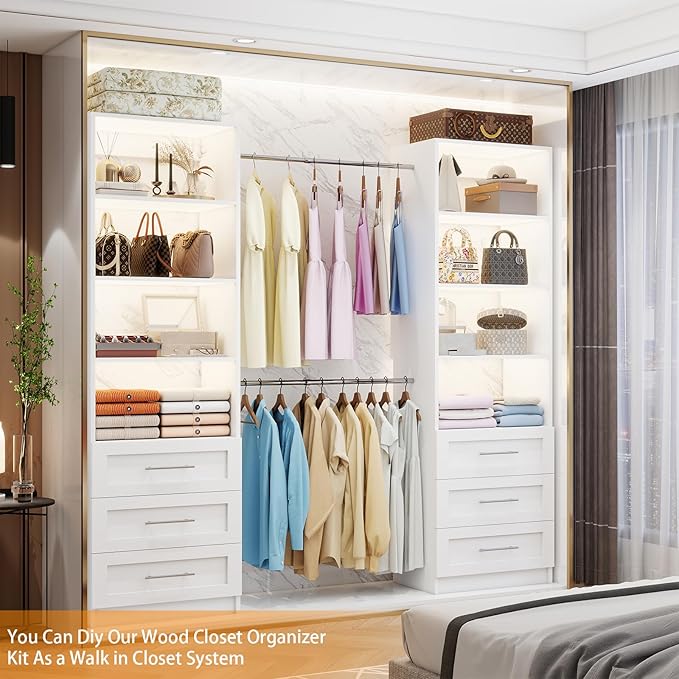 Closet System with 6 Drawers, 6FT-15FT Large Walk in Closet Organizer System with 8 Expandable Hanging Rods, Heavy Duty Wood Closet Storage System with 8 Shelves for Bedroom,White