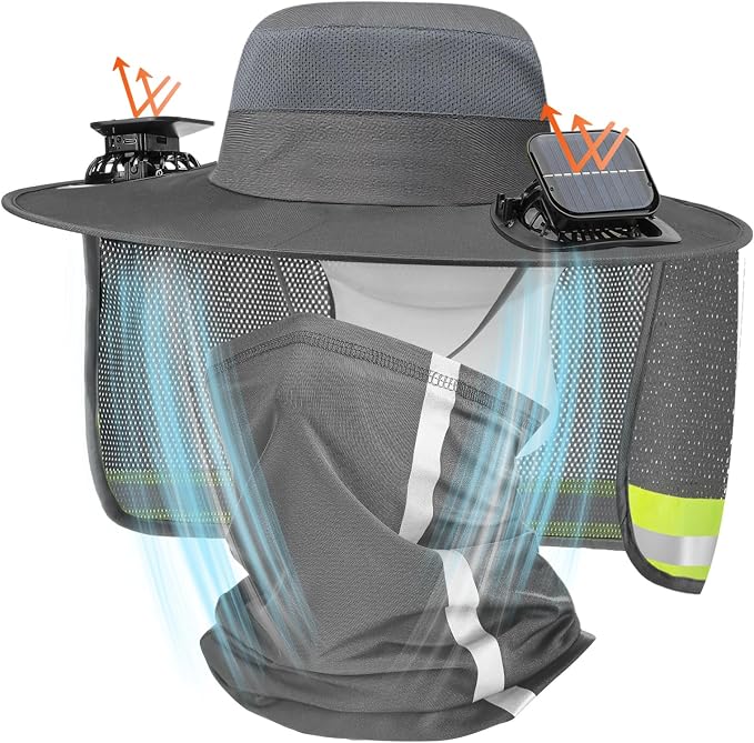 Solar Hat with Fans, Wide Brim Cooling Sun Hat with Removable Dual Fans USB Charging Neck Cover for Outdoor Fishing